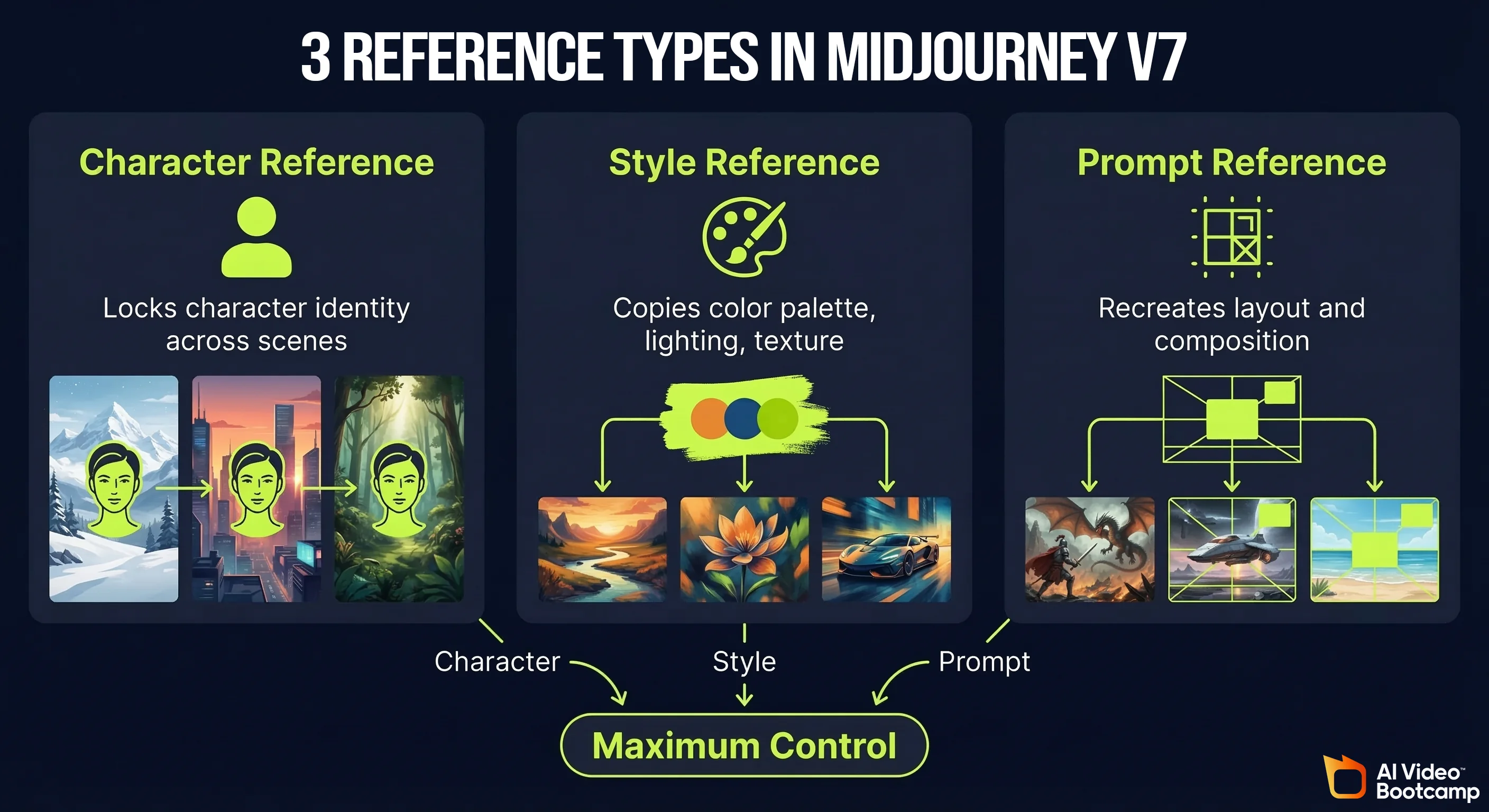 3 reference types in Midjourney V7 showing character reference for locking identity, style reference for copying color palette and lighting, and prompt reference for recreating layout and composition with maximum control diagram