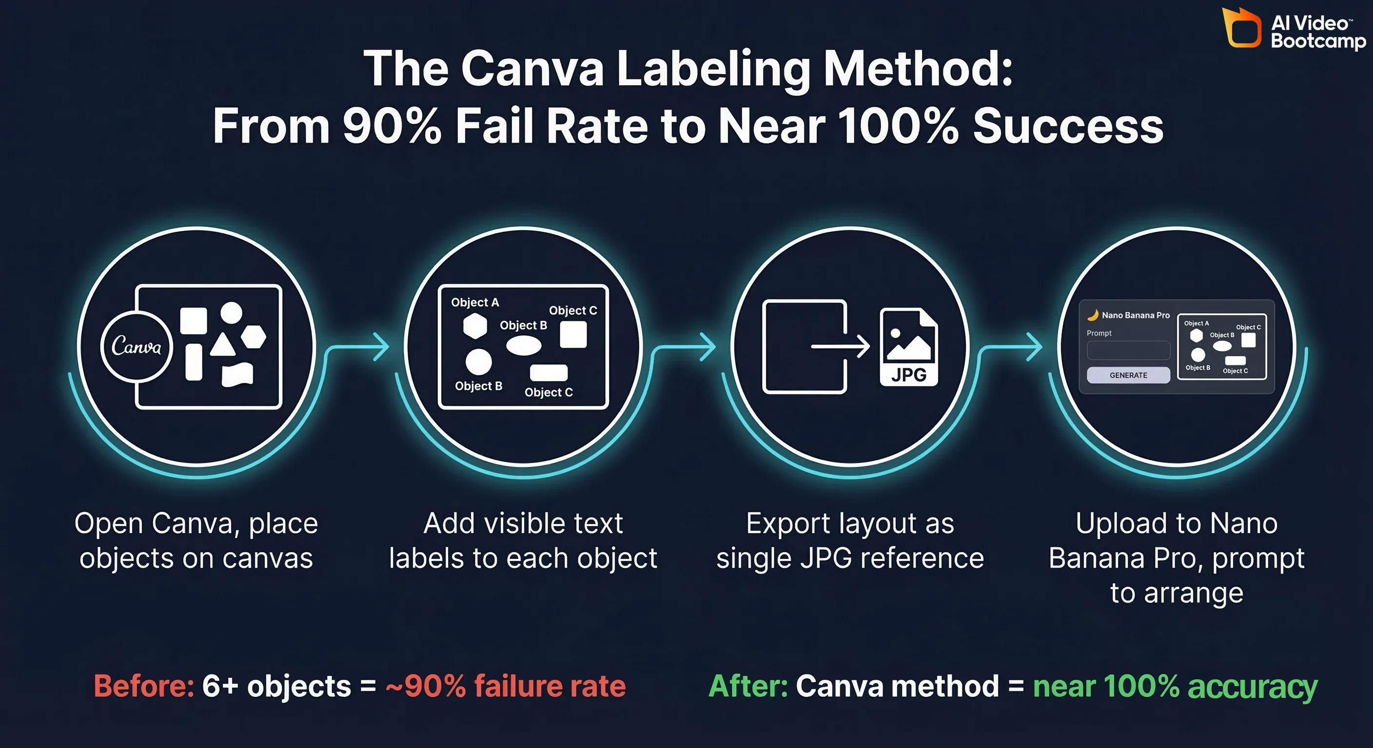 The Canva Labeling Method workflow showing 4 steps from placing objects in Canva to uploading to Nano Banana Pro, improving multi-object placement from 90% failure to near 100% accuracy