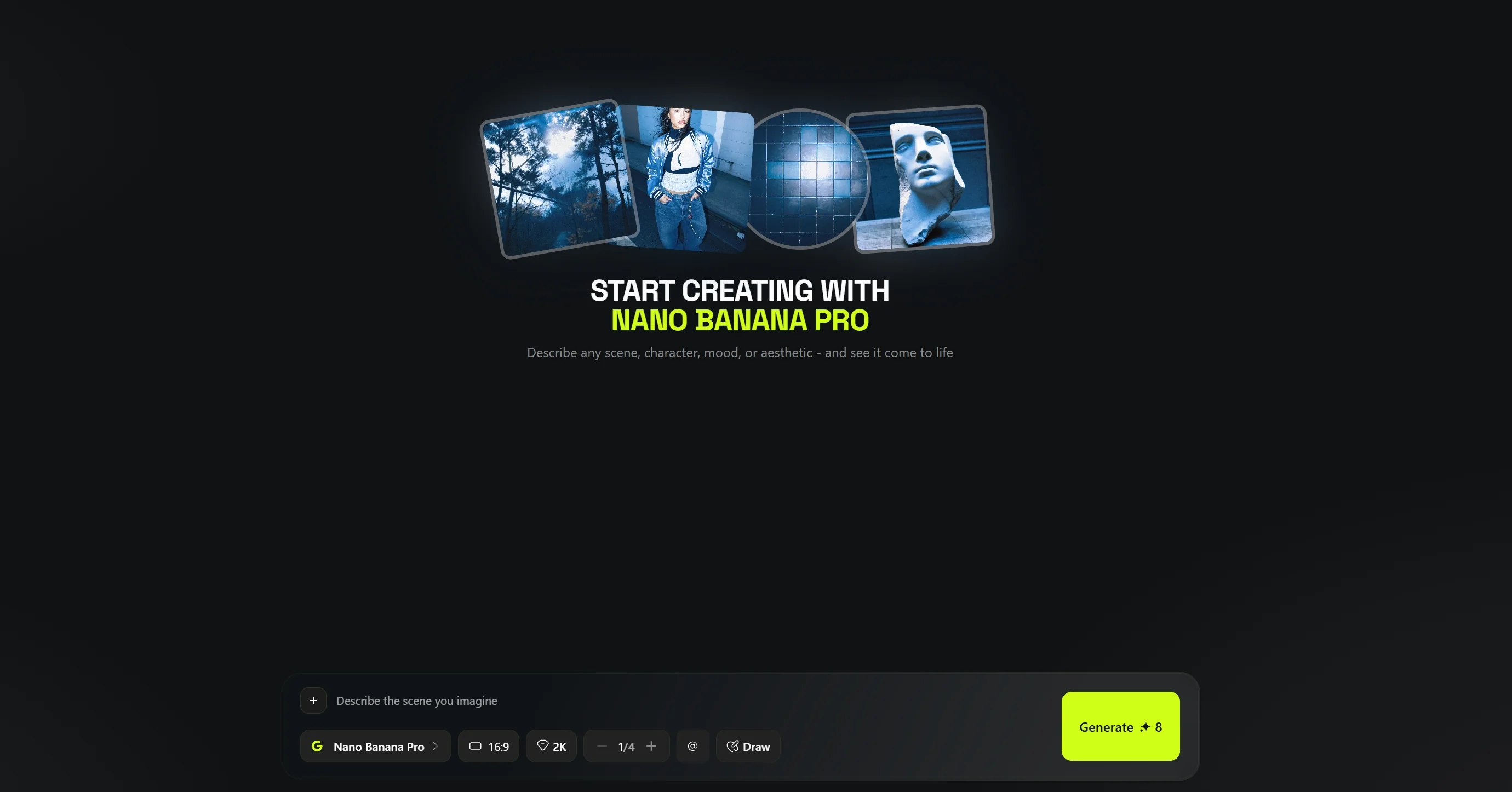 Higgsfield AI interface showing Nano Banana Pro model selected with prompt input, 16:9 aspect ratio, 2K quality setting, and Generate button