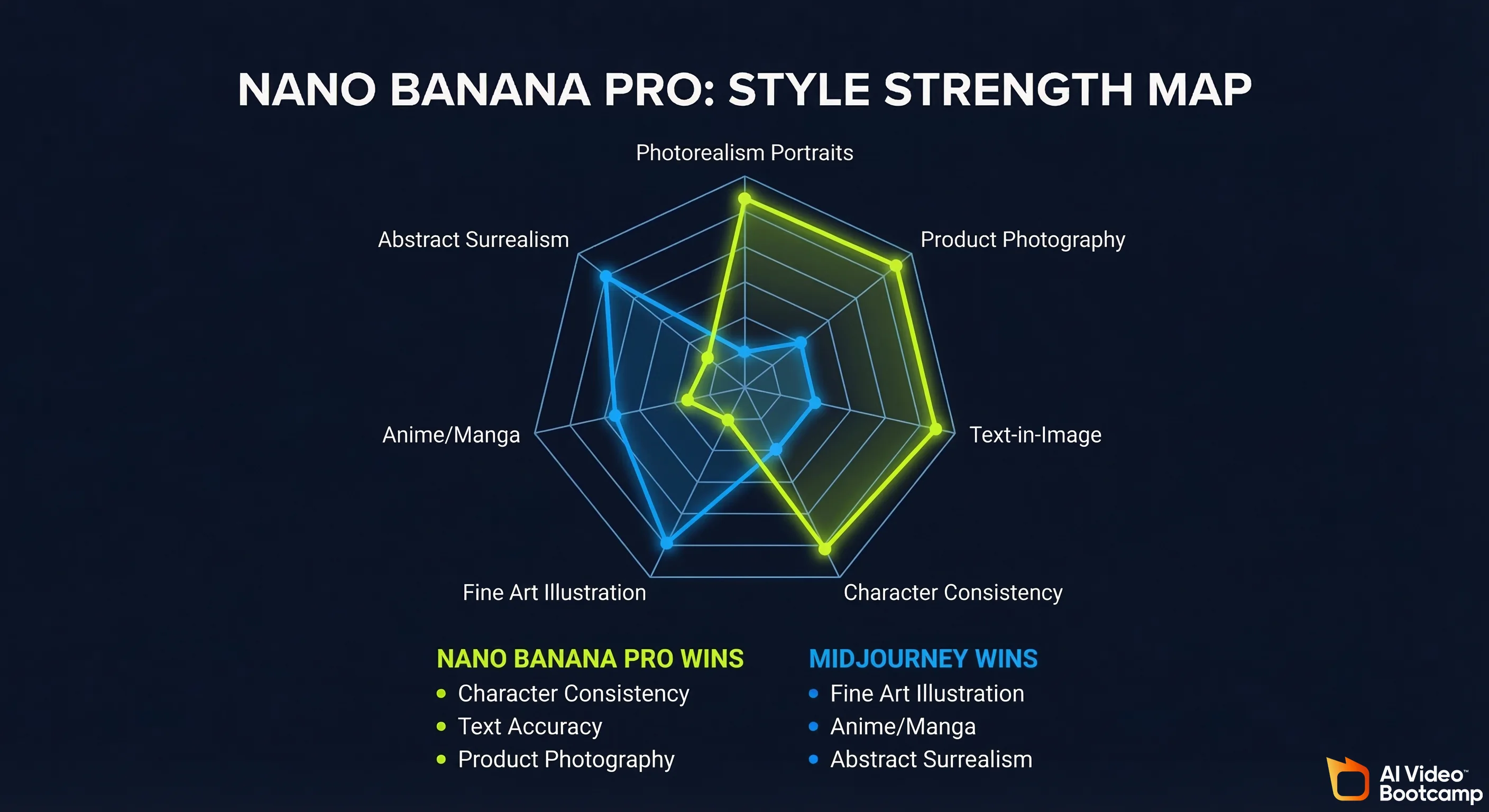 Nano Banana Pro style strength radar chart comparing 7 style categories against Midjourney v6, showing Nano Banana Pro winning on character consistency, text accuracy, and product photography while Midjourney wins on fine art, anime, and abstract surrealism