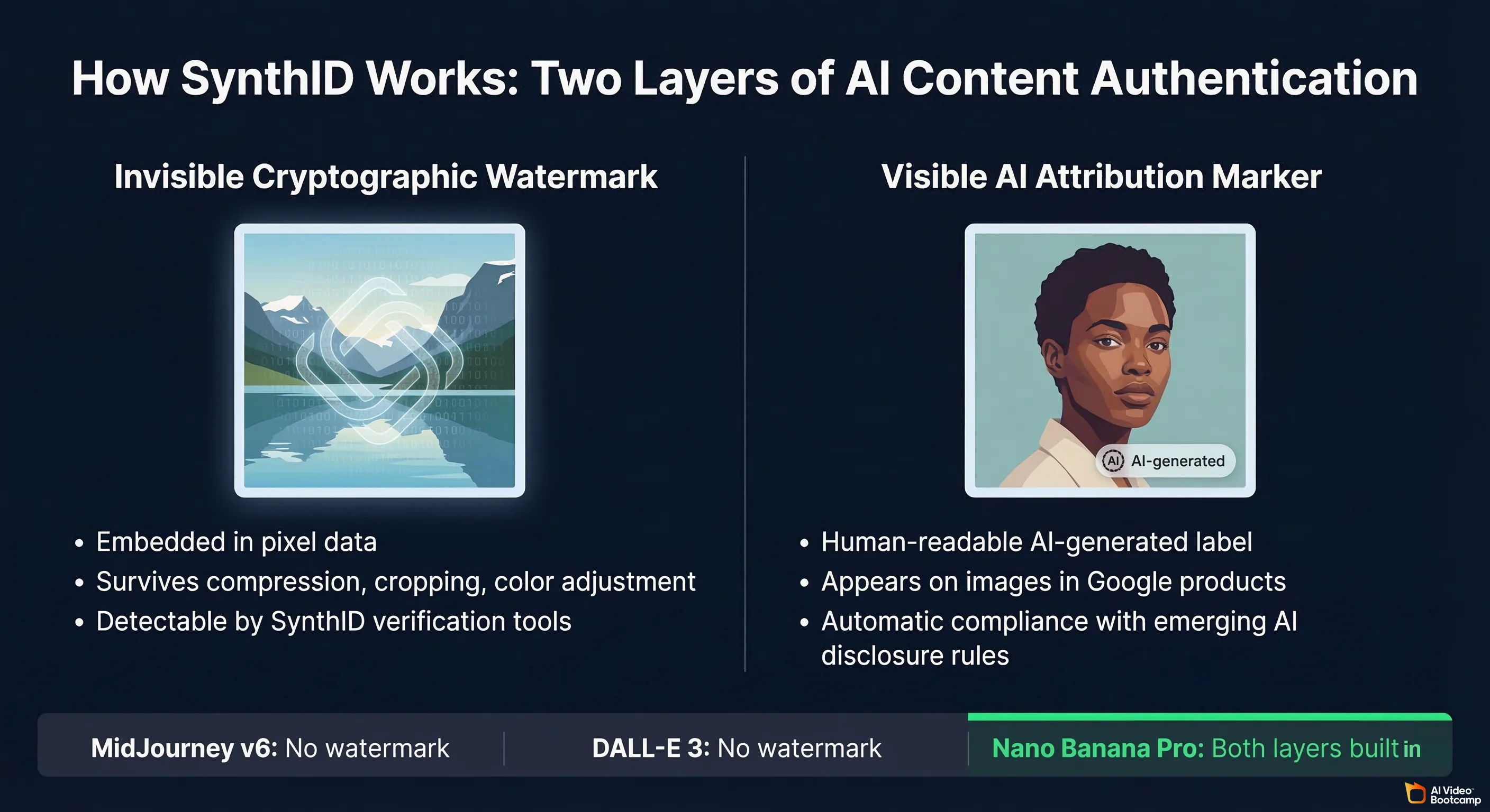 How SynthID works showing two layers of AI content authentication: invisible cryptographic watermark embedded in pixel data and visible AI attribution marker, with comparison showing Midjourney and DALL-E have no watermark