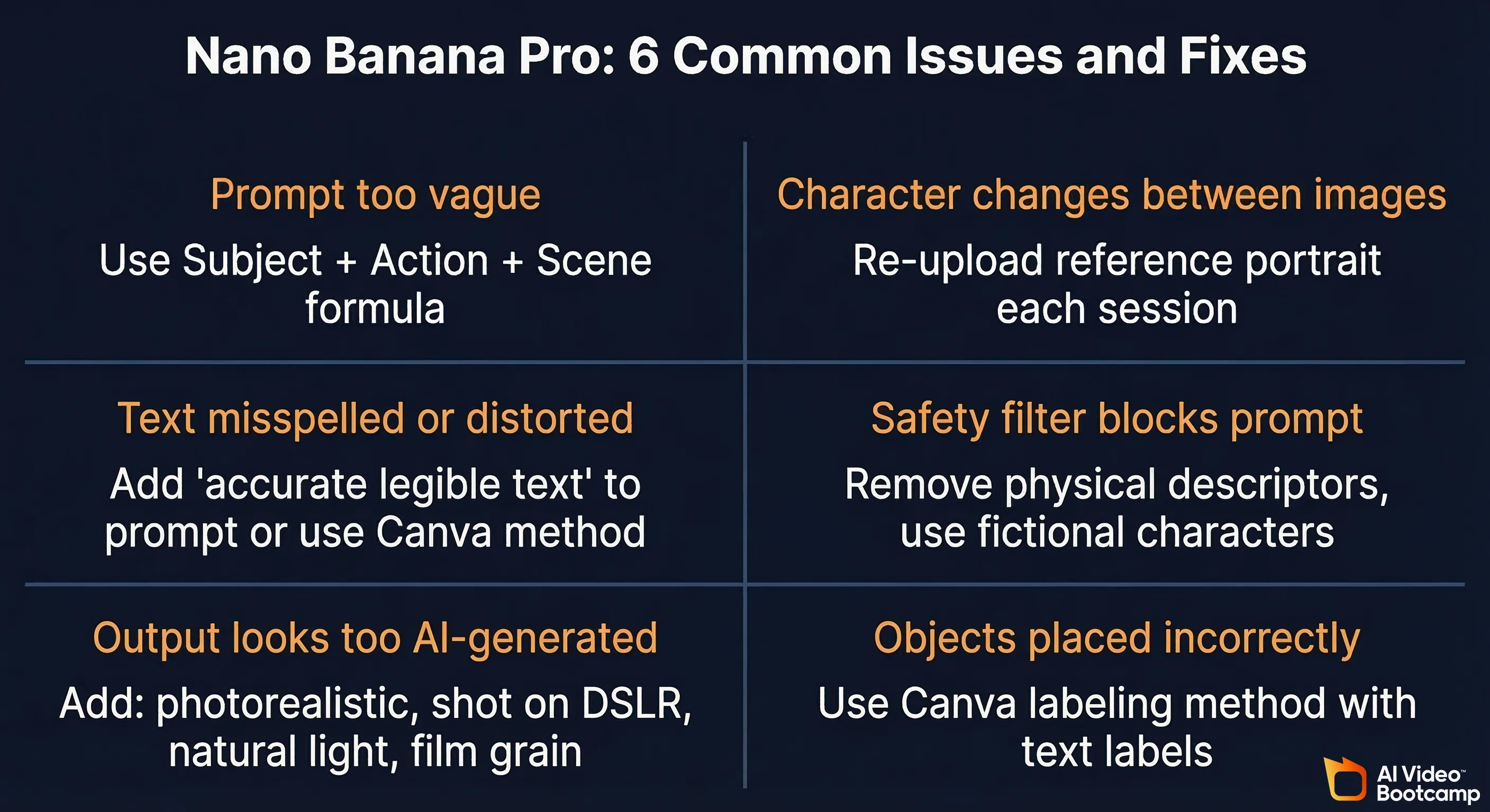 Nano Banana Pro 6 common issues and fixes quick reference showing solutions for vague prompts, character drift, text errors, safety filters, AI-looking output, and object placement