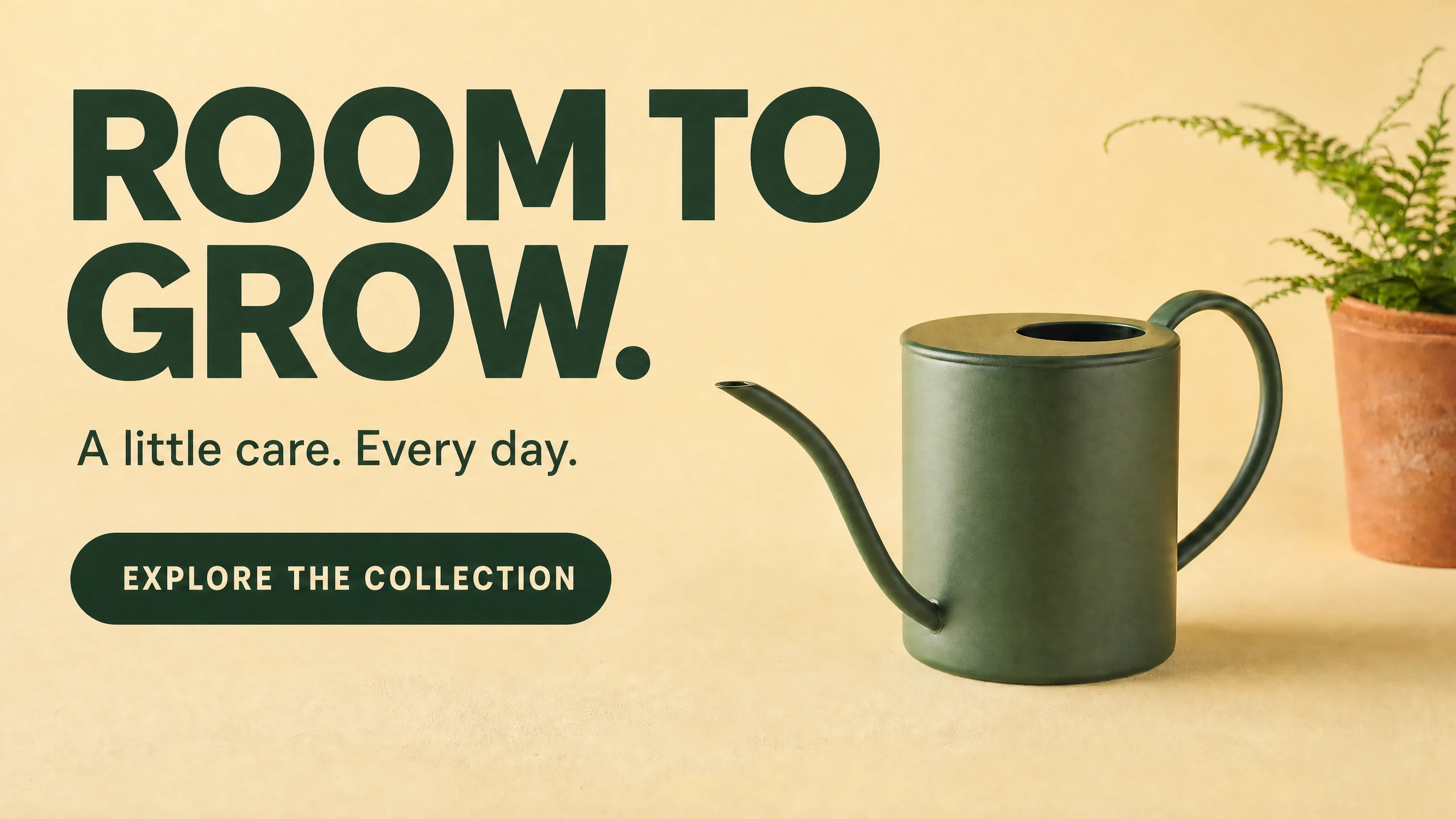 Room to Grow gardening concept with a green watering can beside a bold headline