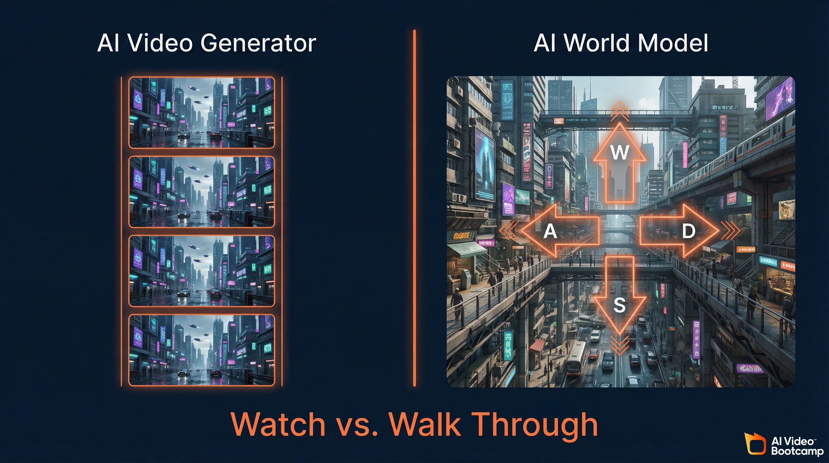 AI Video Generator vs AI World Model comparison showing static clips versus interactive navigable environments