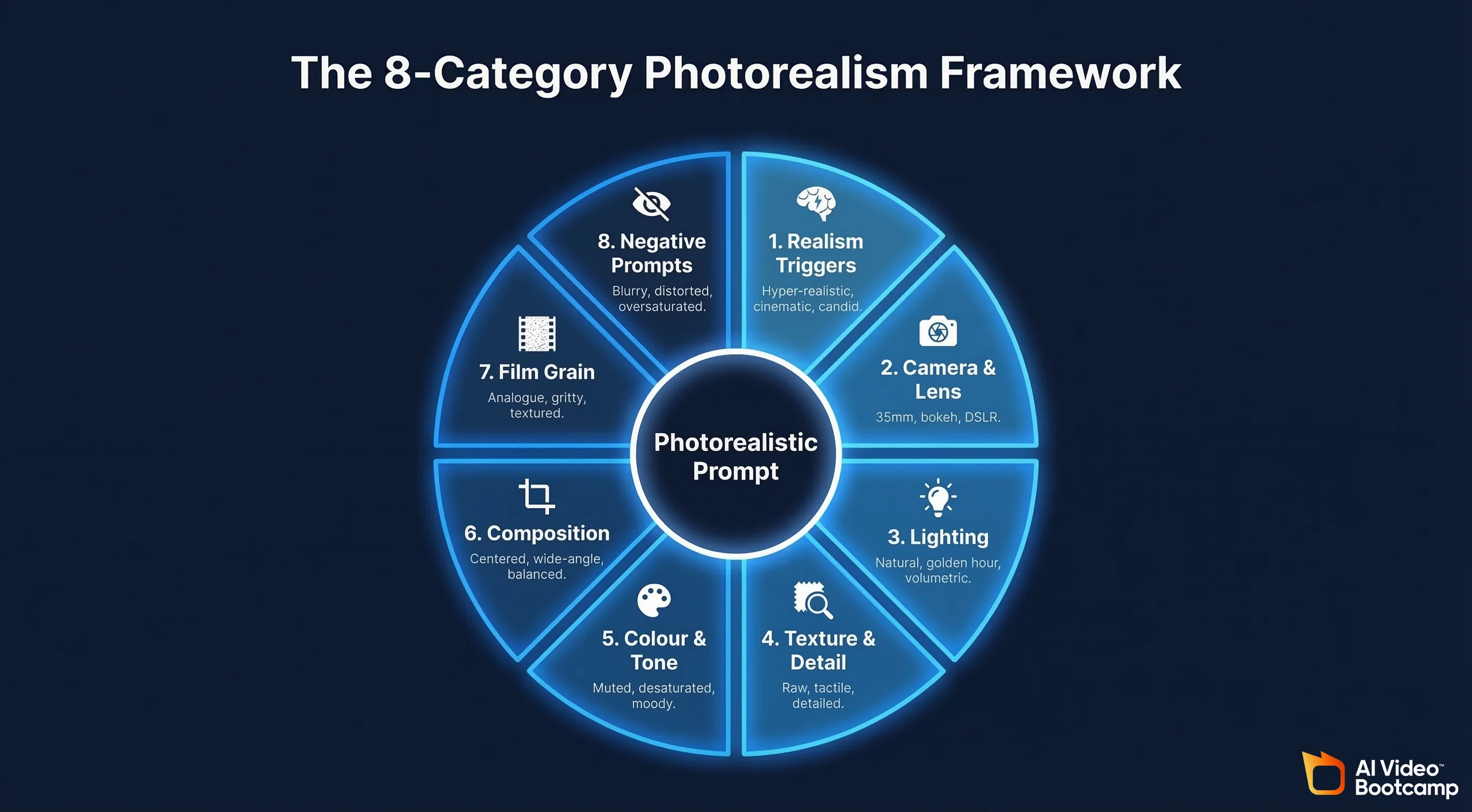 The 8-category photorealism framework wheel: 1. Realism Triggers, 2. Camera and Lens, 3. Lighting, 4. Texture and Detail, 5. Colour and Tone, 6. Composition, 7. Film Grain, 8. Negative Prompts — all radiating from a central Photorealistic Prompt hub