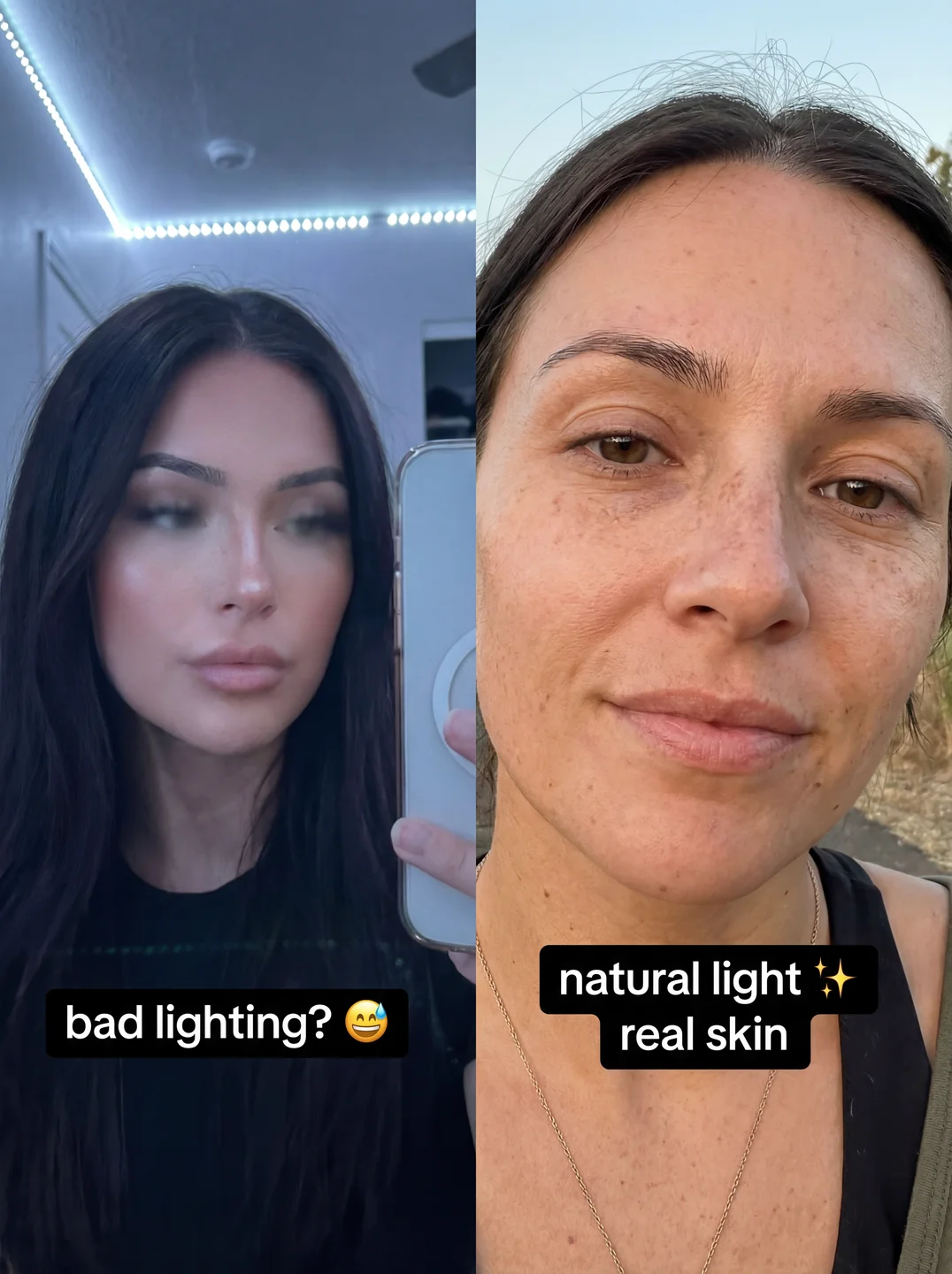 Comparison showing bad lighting versus natural light in AI-generated portraits