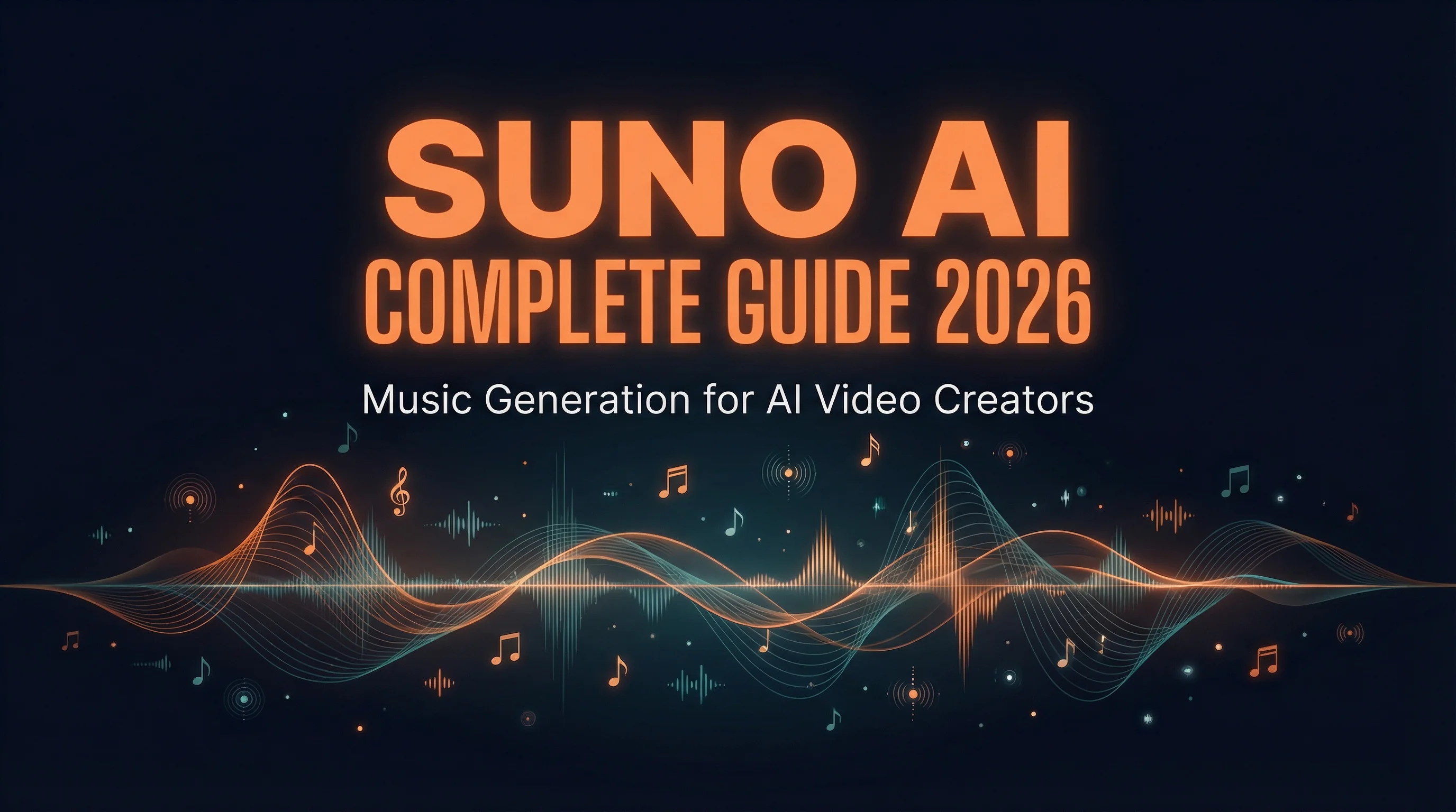 Suno AI Complete Guide 2026 - dark themed hero image with audio waveforms, musical notes, and AI visual elements