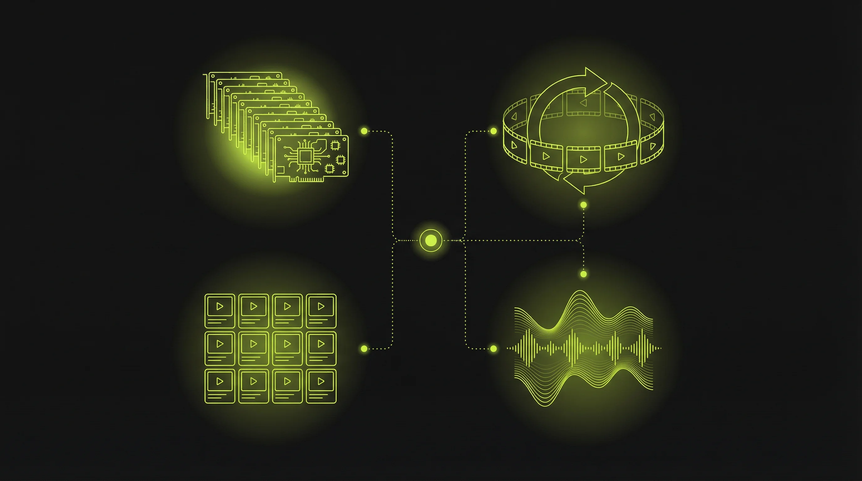 Veo 3.1 Lite best use cases diagram showing four workflows: high volume production, rapid prototyping, product demos at scale, and ambient content with audio