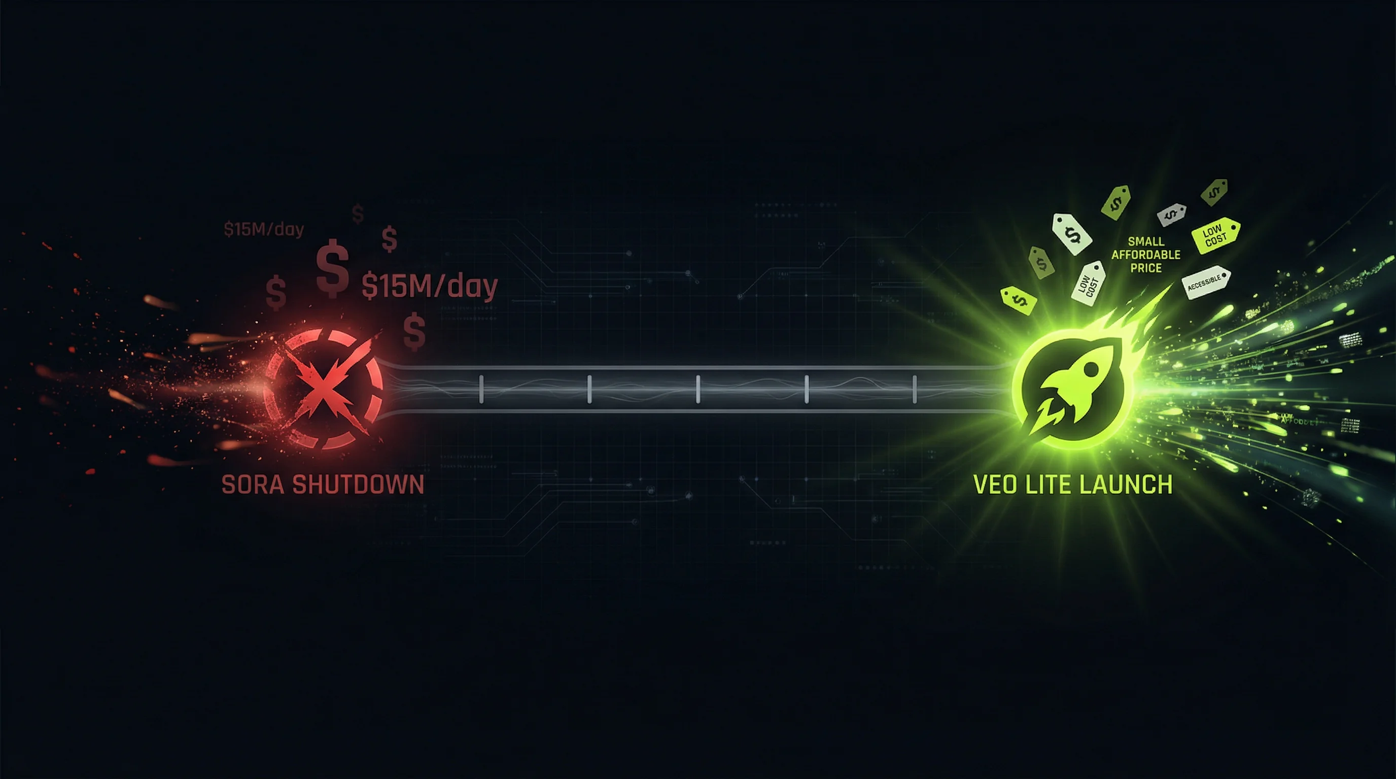 Timeline showing Sora shutdown on March 25 costing $15M per day and Veo Lite launch on March 31 with affordable pricing, connected by 6-day gap