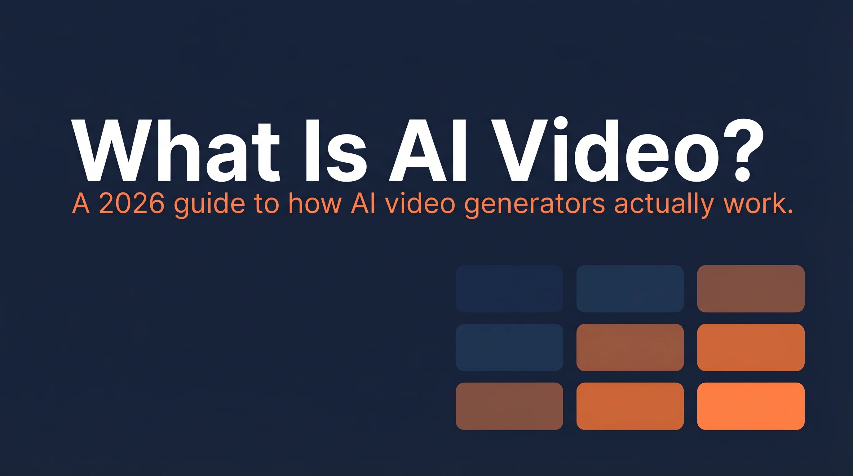 What Is AI Video hero graphic on dark navy background with a 3x3 grid of spacetime patches transitioning from navy to orange