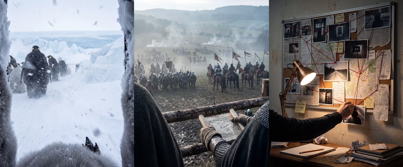 Three AI-made faceless channel frames: a POV blizzard trek with penguins, a medieval army seen from a knight reading a map, and a true-crime evidence board under a desk lamp