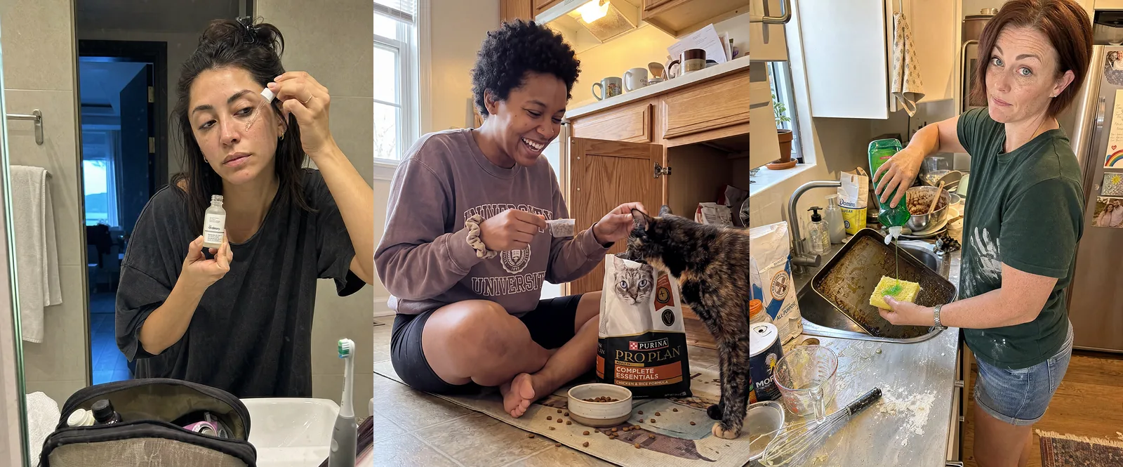 AI influencer lifestyle content that looks like real phone photos: applying skincare in a bathroom mirror, feeding a cat branded food in a kitchen, and washing up after baking