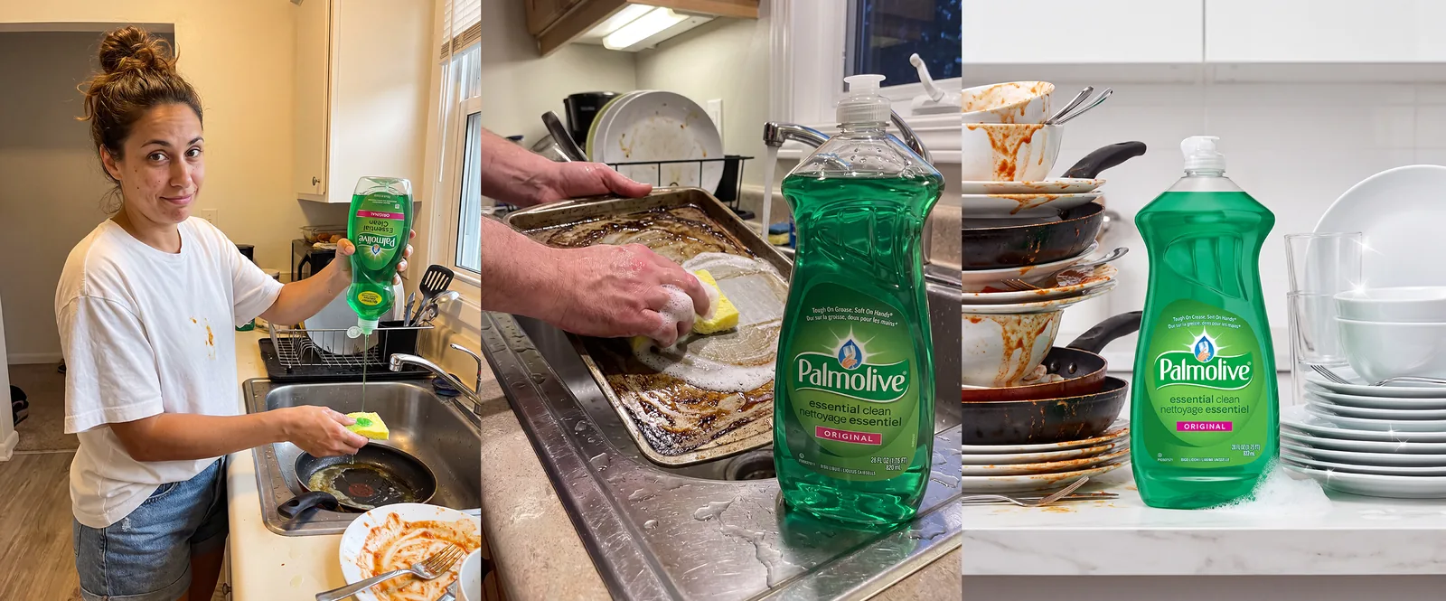 AI-made UGC ads for a dish soap brand: a woman using it at her kitchen sink, a close-up scrubbing a greasy tray, and a clean product shot beside a stack of dirty dishes