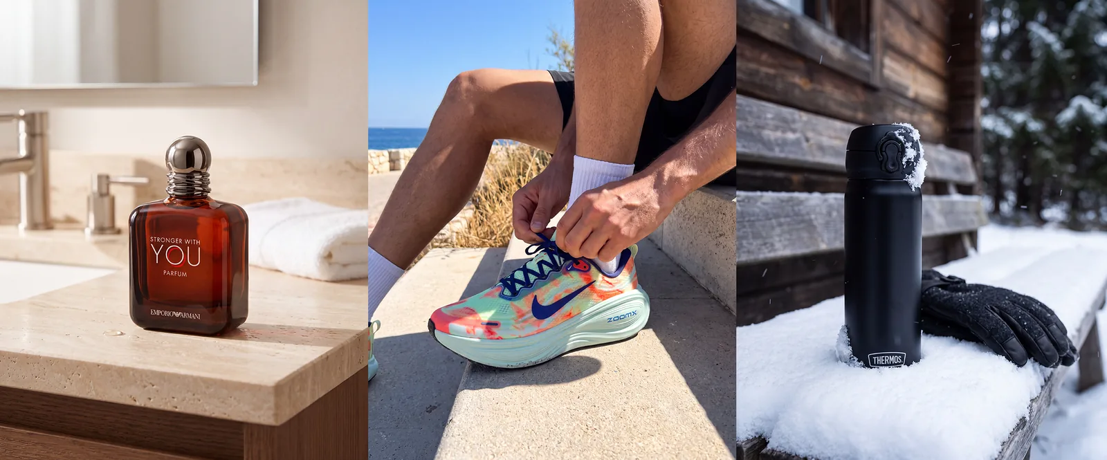 AI-made e-commerce product photos: a perfume bottle on a marble bathroom counter, running shoes being laced by the sea, and a thermos in the snow outside a cabin