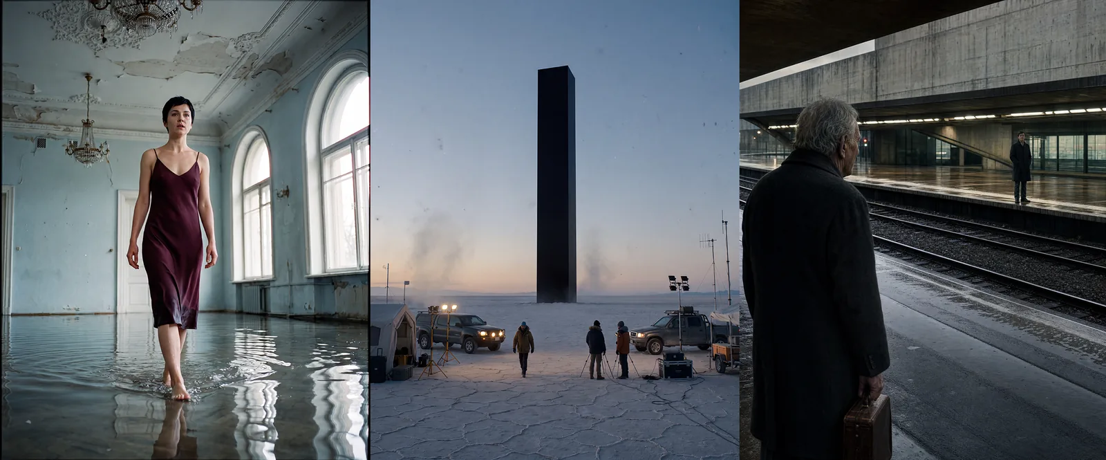 AI-made cinematic film stills: a woman walking through a flooded ballroom, a film crew at a monolith on a frozen salt flat, and two men facing each other across a train platform
