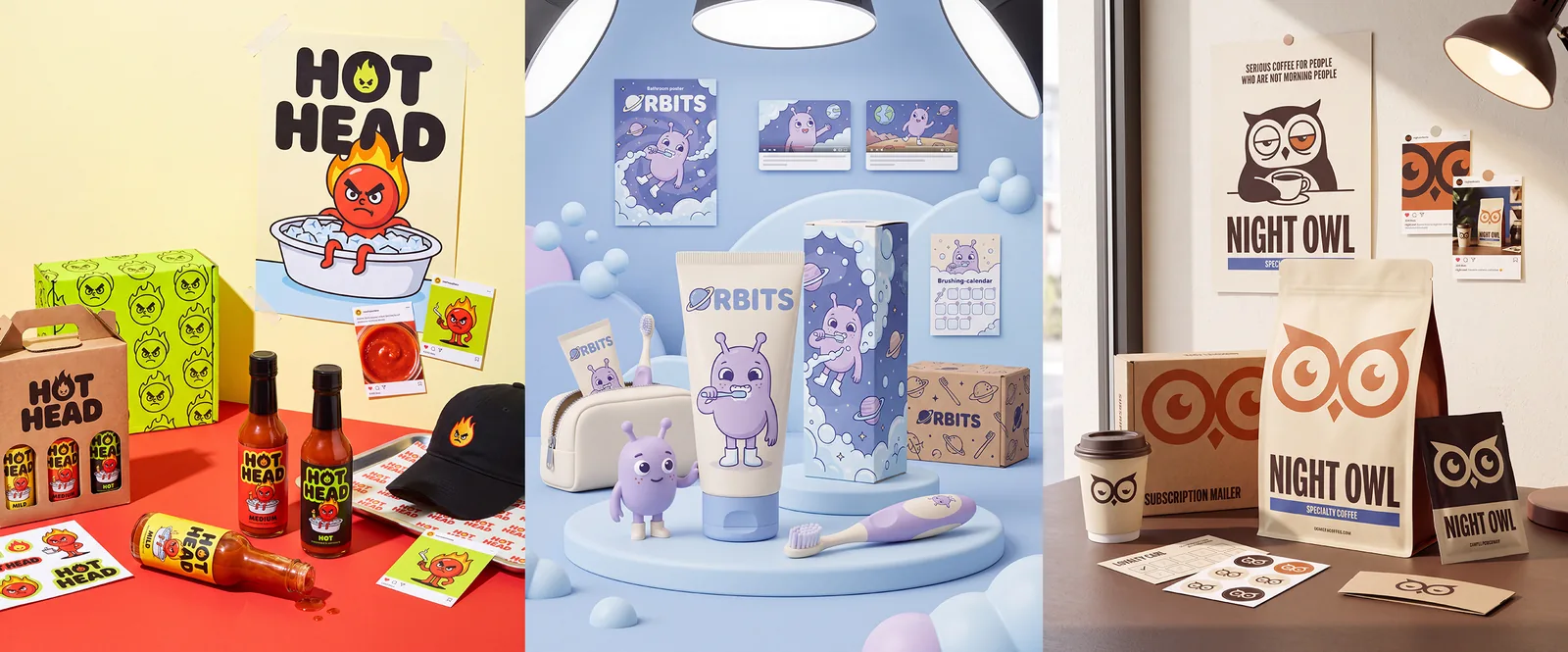 Three complete AI-made brand identities: Hot Head hot sauce with mascot, packaging and merch; Orbits kids toothpaste with character and posters; Night Owl specialty coffee with logo, bags and loyalty cards