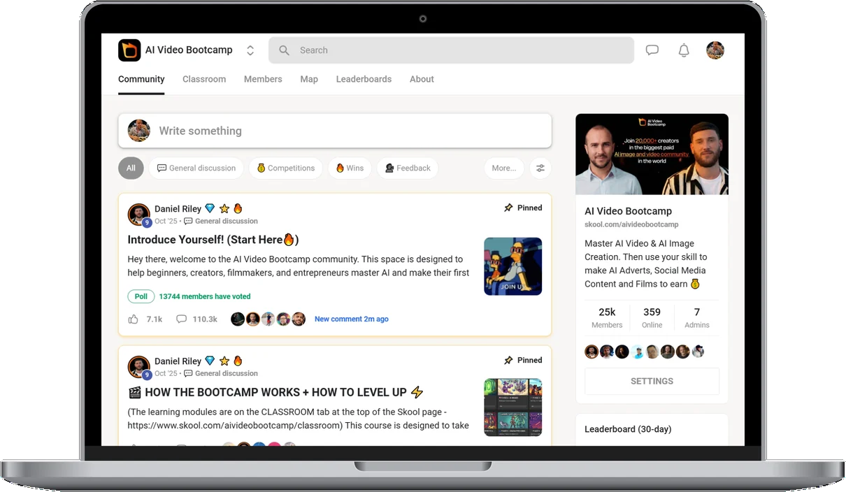 The AI Video Bootcamp community on Skool, shown on a laptop