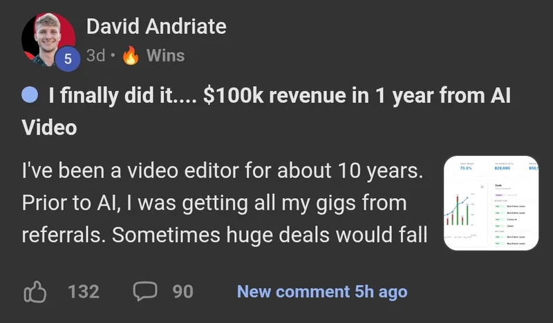 AI Video Bootcamp member win posted in the community