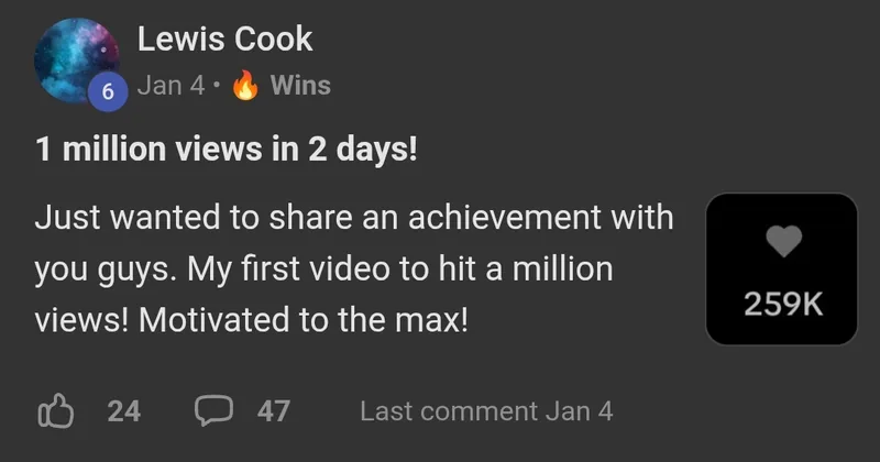 AI Video Bootcamp member win posted in the community
