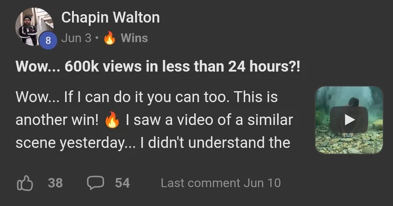 AI Video Bootcamp member win posted in the community