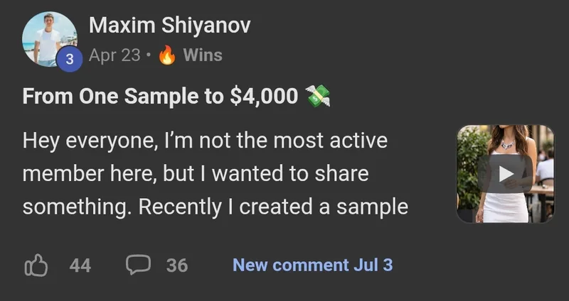 AI Video Bootcamp member win posted in the community