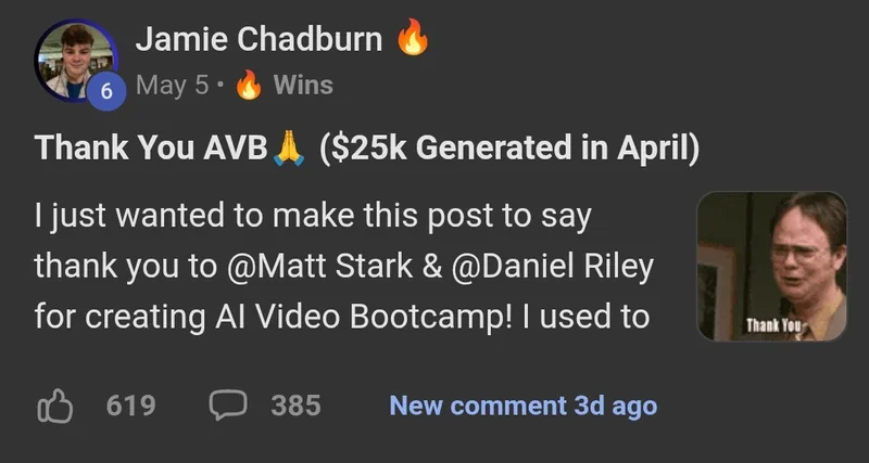AI Video Bootcamp member win posted in the community