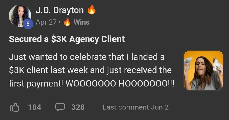AI Video Bootcamp member win posted in the community