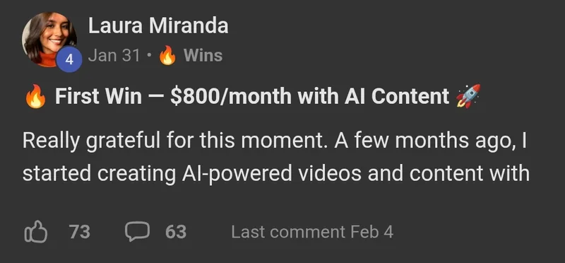 AI Video Bootcamp member win posted in the community