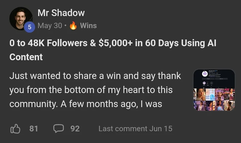 AI Video Bootcamp member win posted in the community