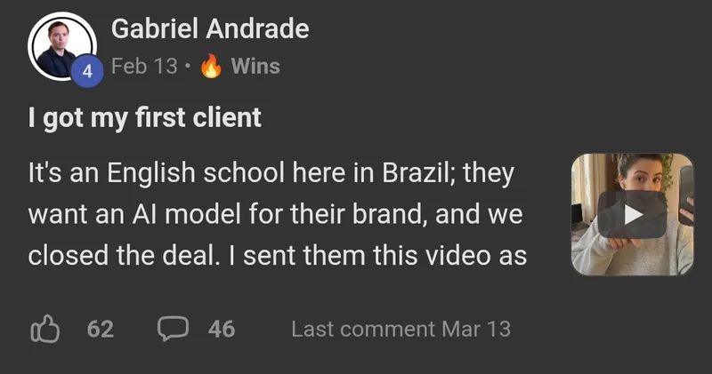 AI Video Bootcamp member win posted in the community