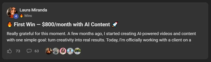 AI Video Bootcamp member win posted in the community