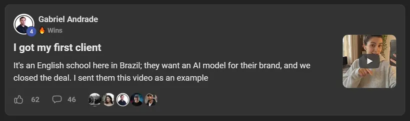 AI Video Bootcamp member win posted in the community