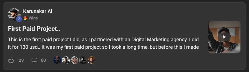 AI Video Bootcamp member win posted in the community
