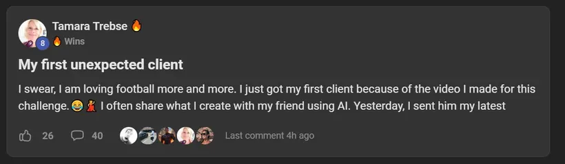 AI Video Bootcamp member win posted in the community