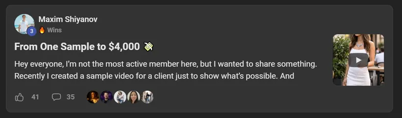 AI Video Bootcamp member win posted in the community