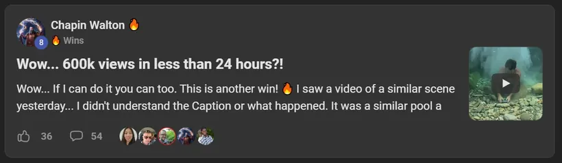 AI Video Bootcamp member win posted in the community