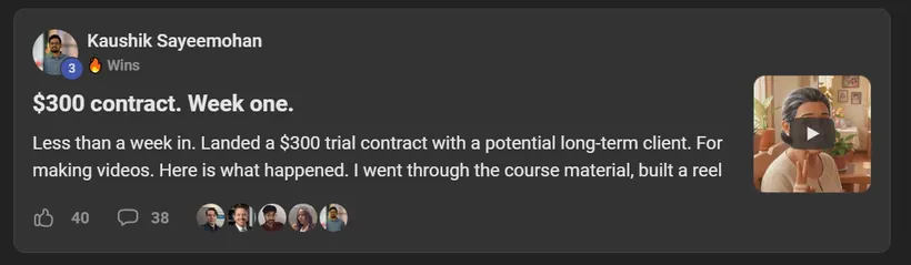 AI Video Bootcamp member win posted in the community