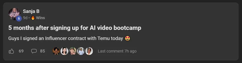 AI Video Bootcamp member win posted in the community