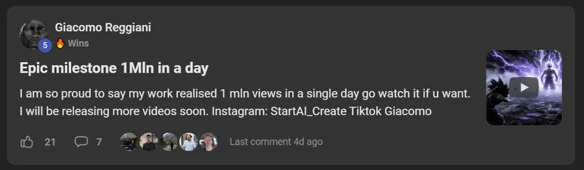 AI Video Bootcamp member win posted in the community